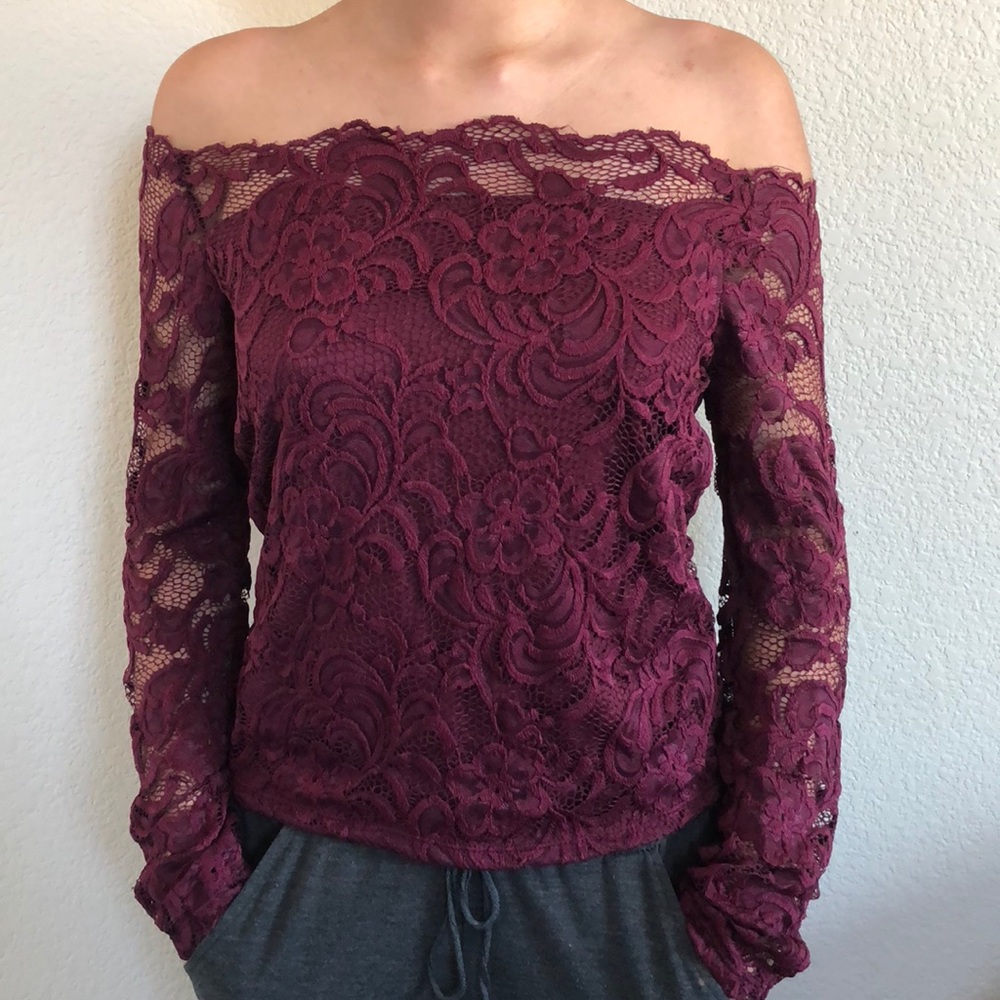 Maroon Off the Shoulder Lace Blouse